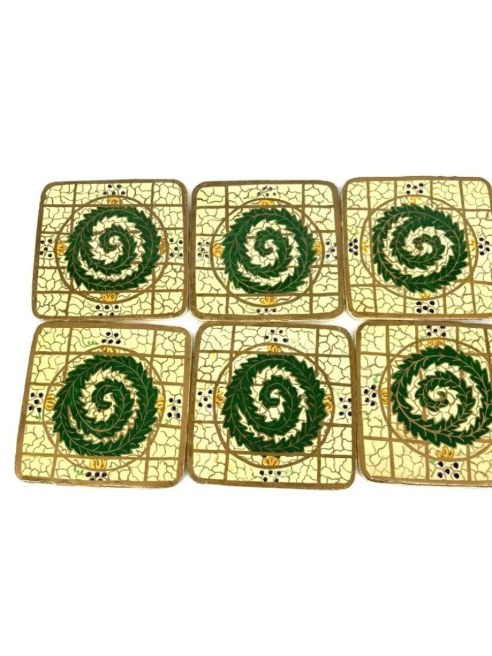 India Coasters Hand Painted Lacquered Paper Mache 6 Coasters w/ Box